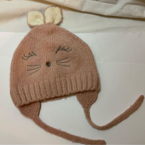 New Zara Baby Girl Fuzzy Bunny Ears Warm Hat 6-12M - Picture 1 of 8